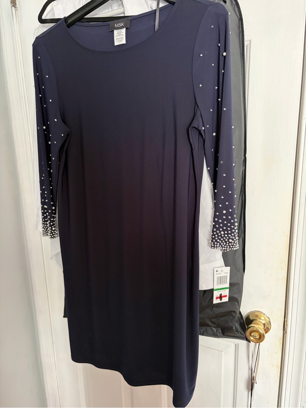 MSK Navy Long-Sleeve Pearl Accent Sheath Dress size large with tickets!